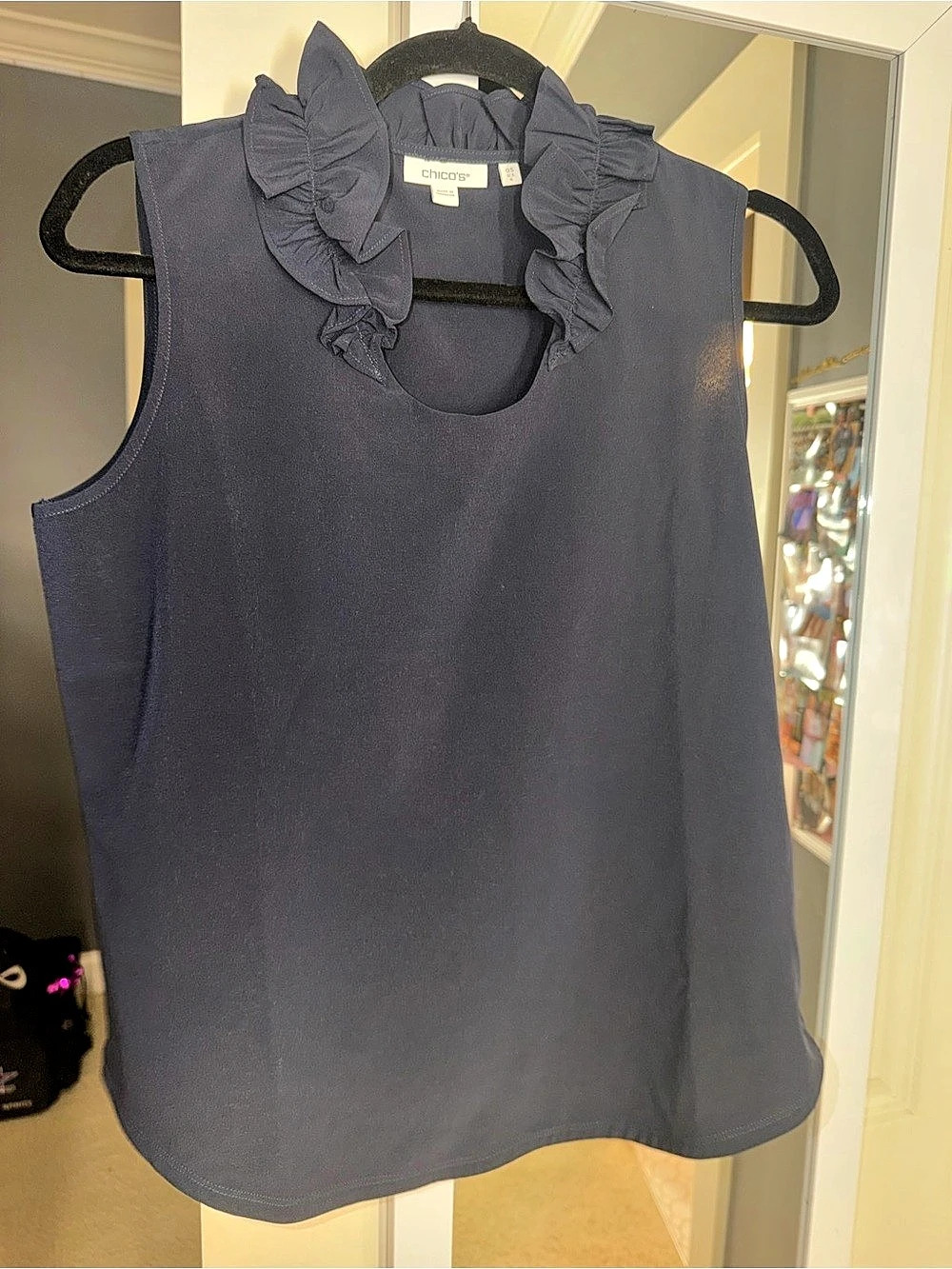Chico's Ruffle Neck Polyester Blouse in Blue Size Small